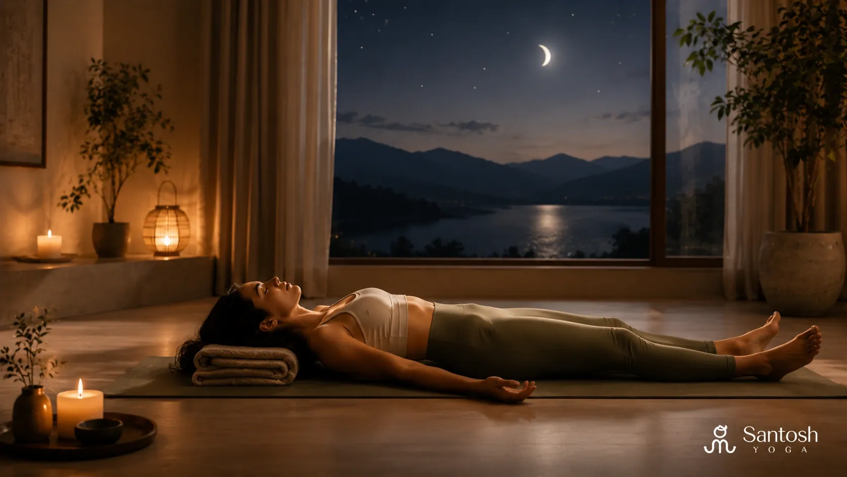 Dreamlike still water and dawn sky visualisation used during Yoga Nidra practice